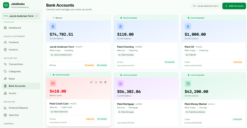 JakeBooks Bank Accounts — live connected accounts with Plaid sync